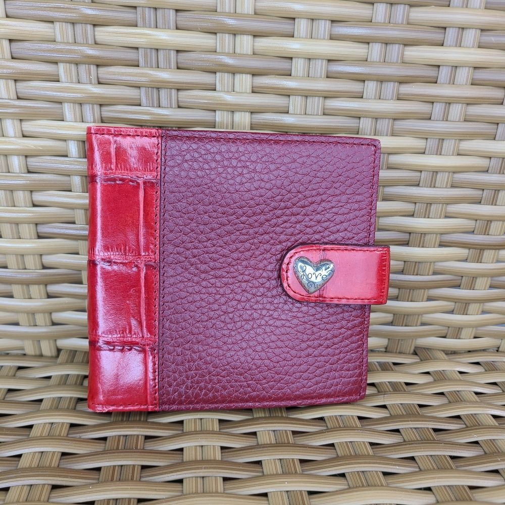 Brighton Red Pebbled Leather Bifold Photo Wallet Case Heart Accent Snap Closure